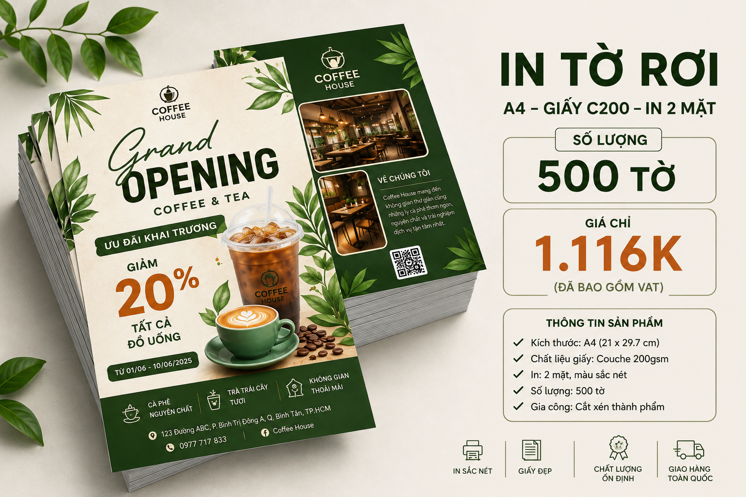 IN 500 TỜ RƠI A4 C200GMS